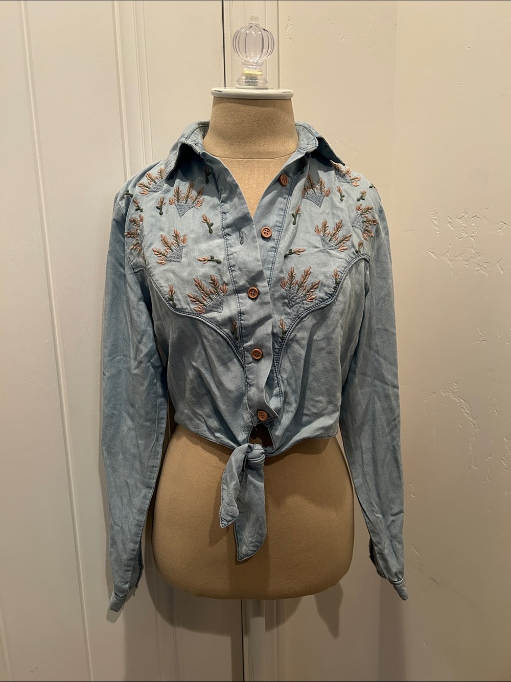 Chelsea & Violet Light Blue Embroidered Tie-Front Western Shirt